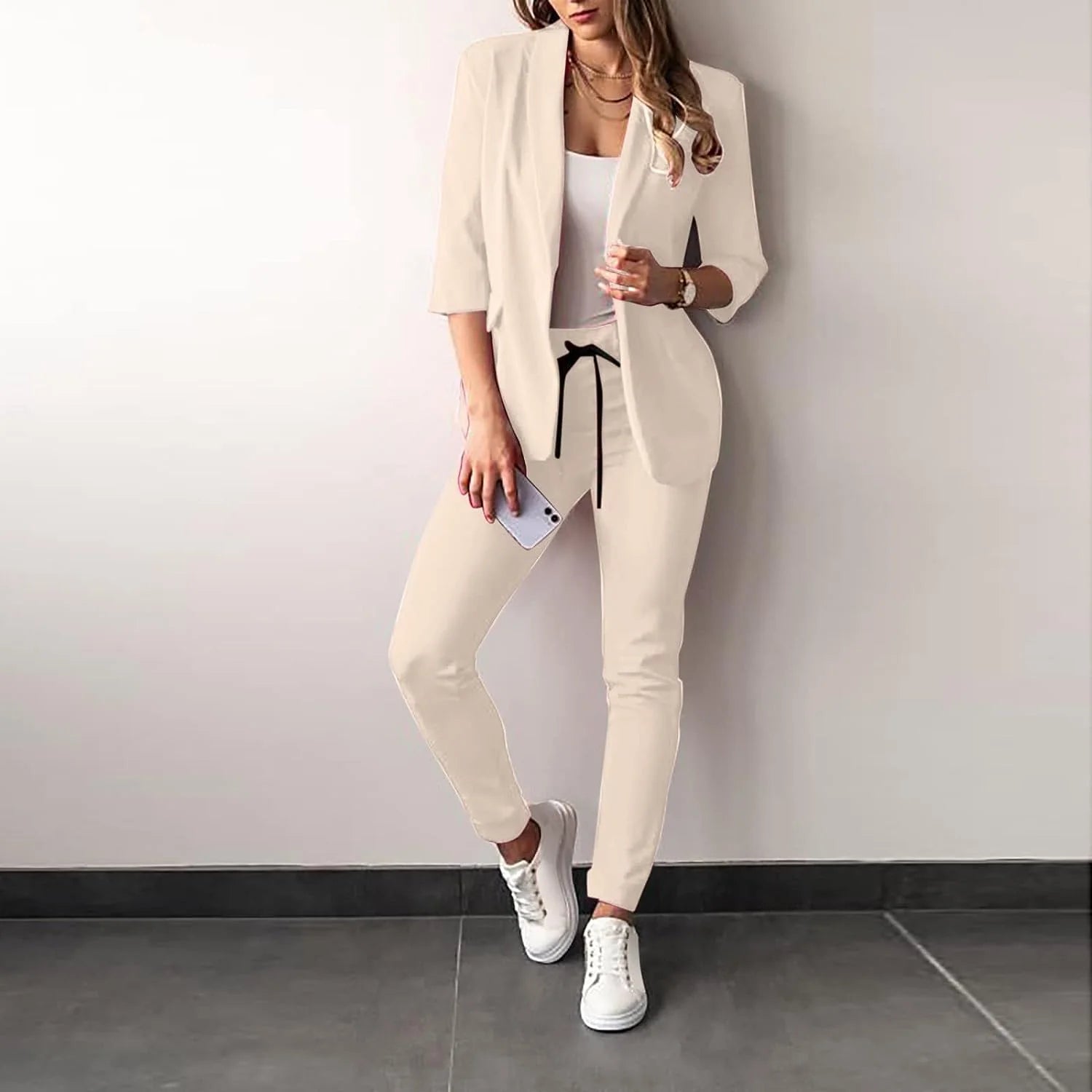 Women’S Pantsuit – Tailored Blazer with 3/4 Sleeves – Slim Fit Trousers – Office Wear