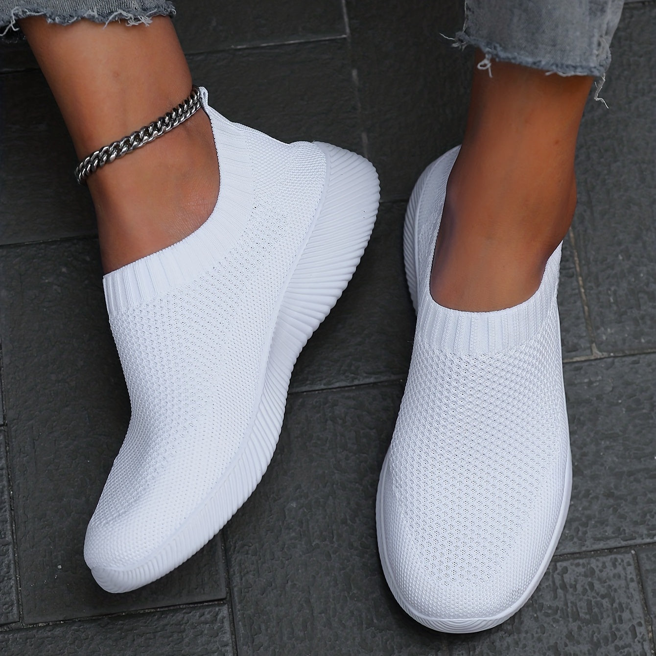 Women's Solid Color Flying Woven Sneakers, Casual & Breathable Slip On Outdoor Shoes, Lightweight Low Top Running Shoes plus size
