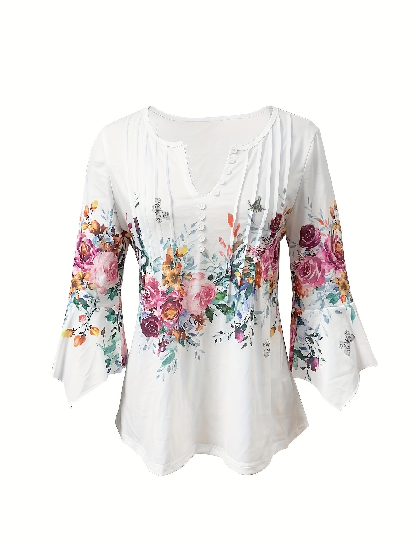 Blomsterprint Bluse med Udskåret Hals og Knapper Sommerklar