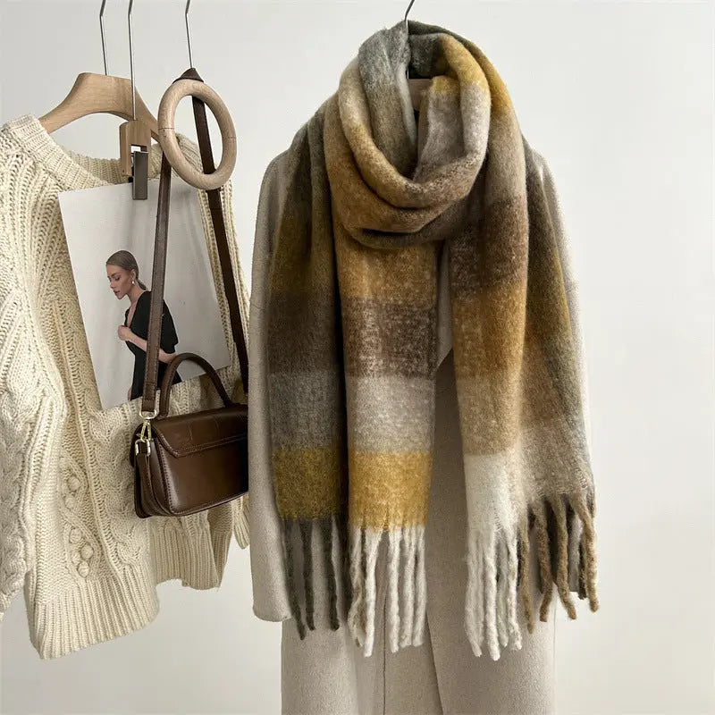 Ornella - Stilfuldt Strikket Kvinde Halstørklæde-Scarf-Zuruz-Gul Kaffegitter-38x250cm-Zuruz