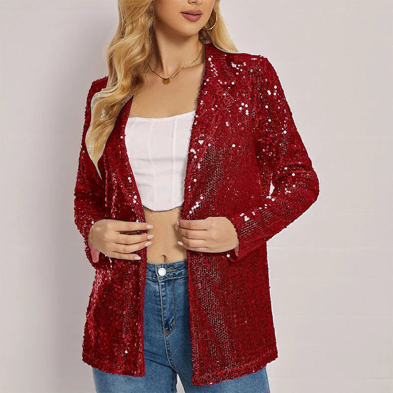 Women’S Blazer – Sequin Embellished – Tailored Fit – Open Front Notch Lapel – Full Sleeve