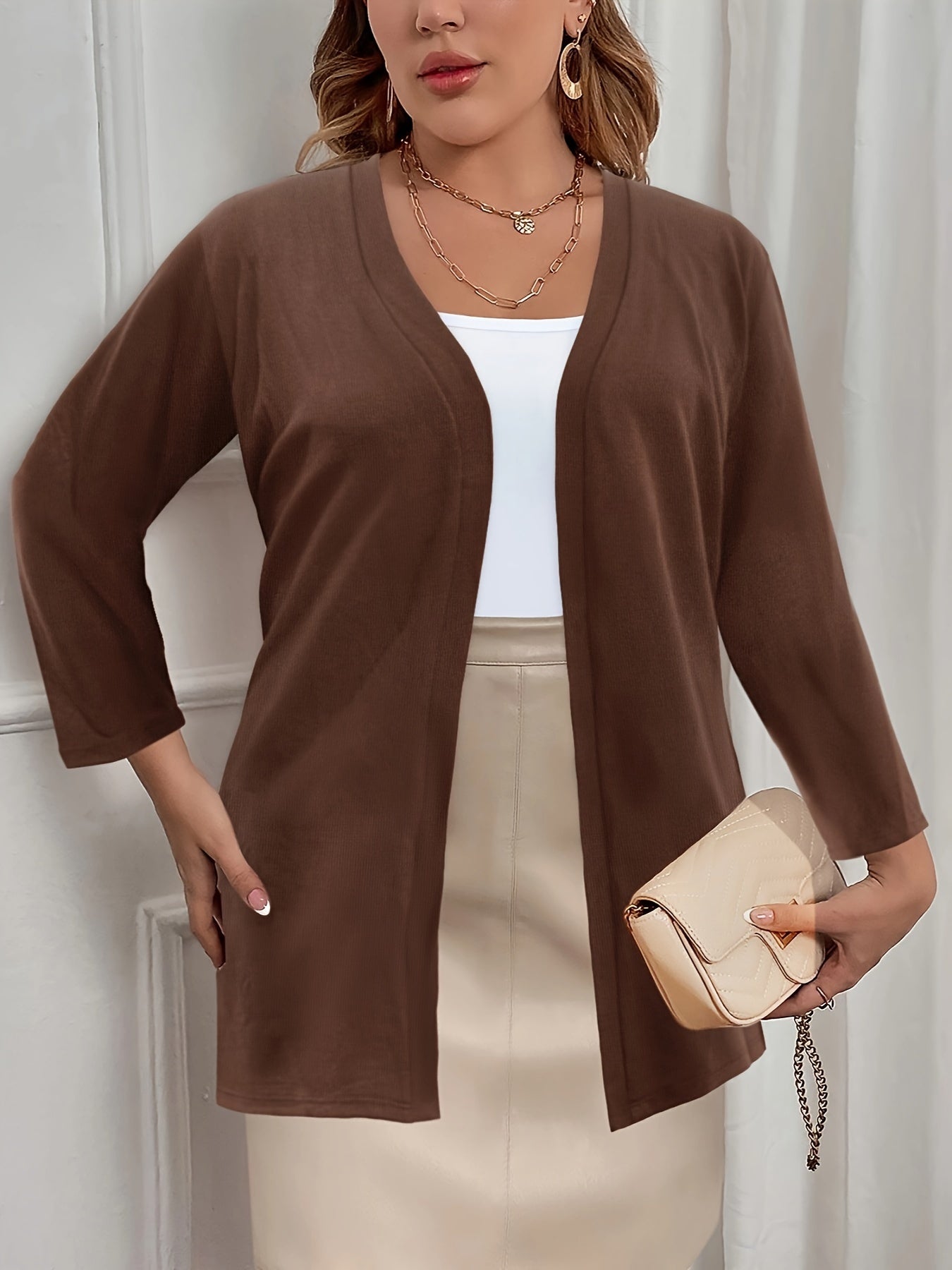 Plus Size - Women'S Plus Size Long Sleeve Cardigan - Elegant Mid-Length Open Front Sweater, Solid Color, Lightweight & Warm for Fall/Winter, Versatile Layering Piece, Casual Elegance, Relaxed Fit, Soft Texture, Casual Wear