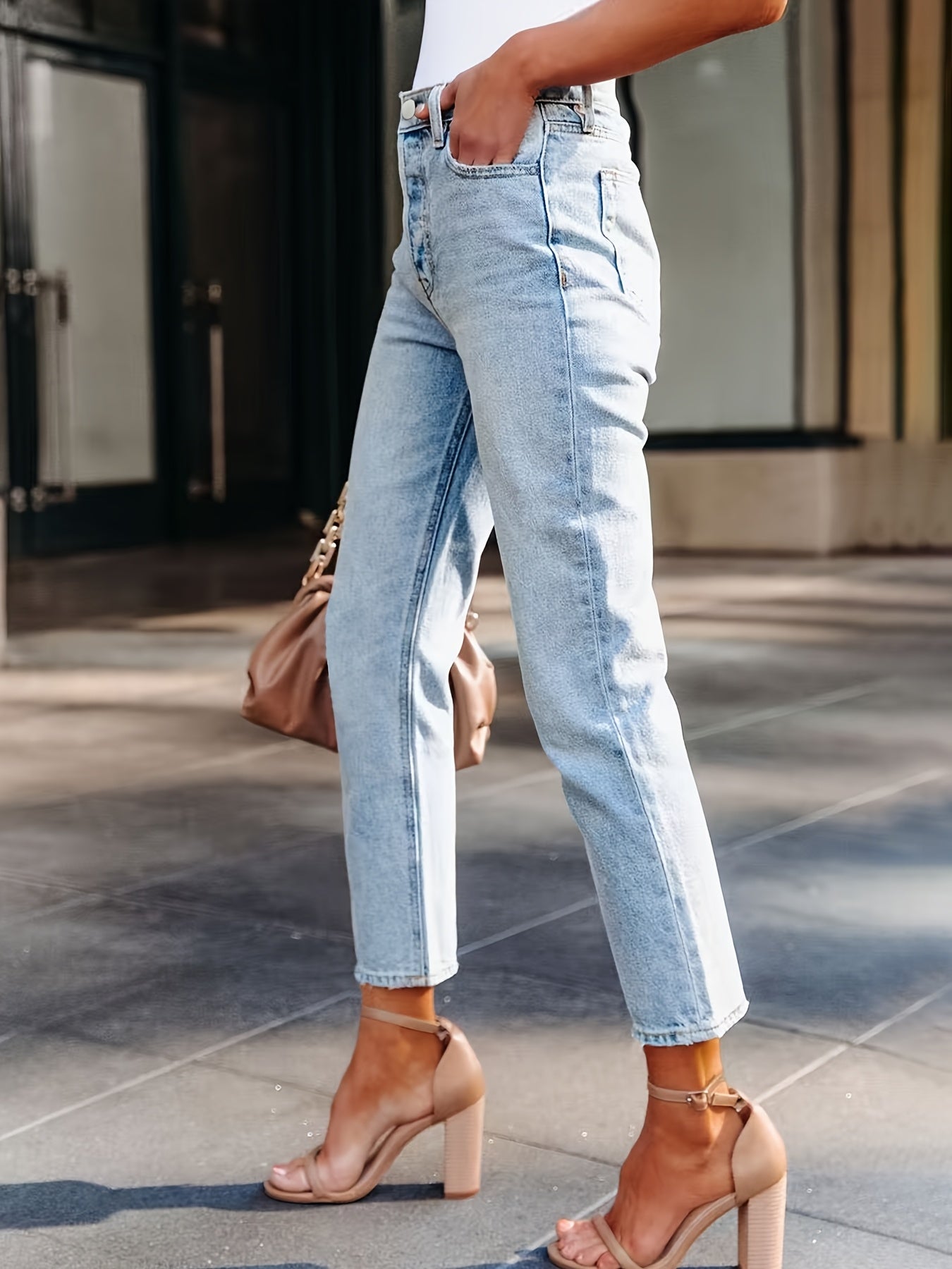 Women'S Summer Stretch Denim Mid-Rise Jeans - Elegant Light Blue Straight-Leg Trousers with Pockets, Comfortable & Breathable for Travel & Work, High-Waisted Design, Button Detail, All-Season Wear, High Waisted Jeans, Stylish Casual Wear, Durable Fabric