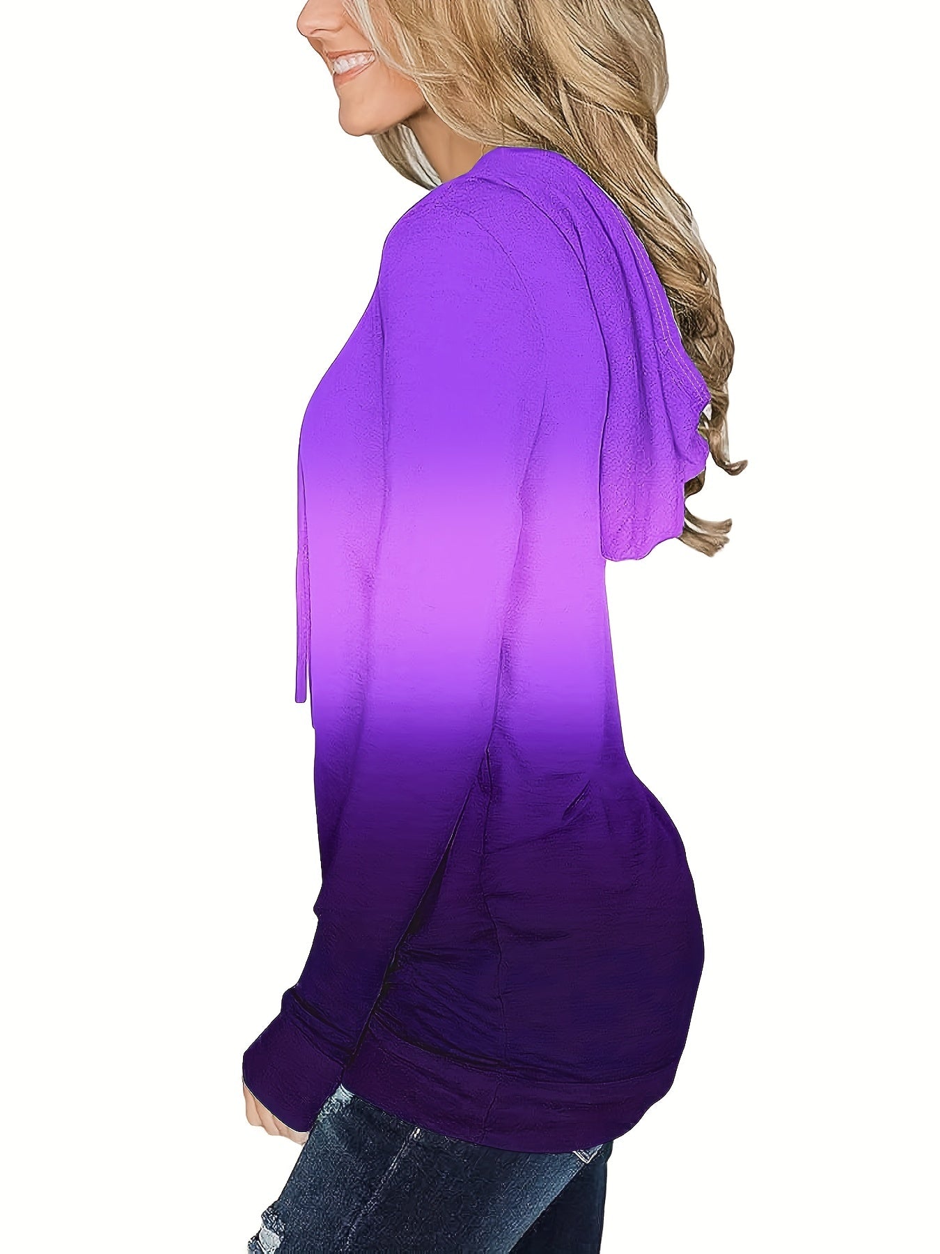Ombre Kangaroo Pocket Hoodie, Casual Long Sleeve Drawstring Hoodies Sweatshirt, Women's Clothing