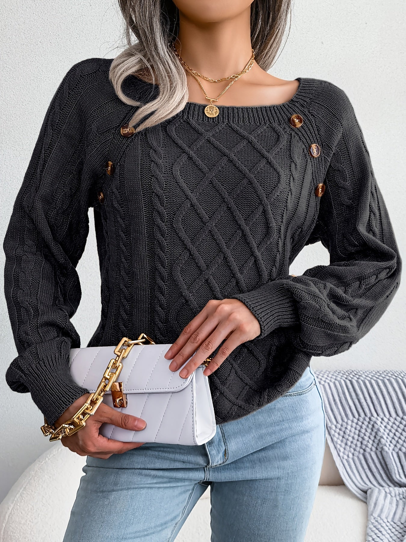 Women's Sweater Round Neck Texture Button Lantern Sleeve Sweater