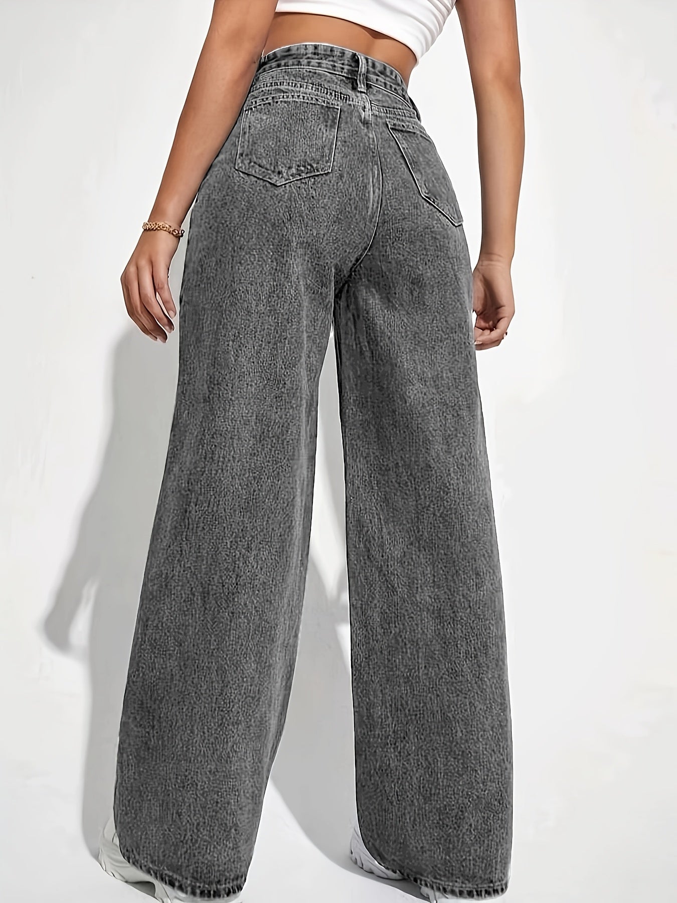 Elegant High-Waisted Straight Leg Jeans for Women, 63.0% 28.0% Polyester 8.0% Viscose 1.0% Elastane, All-Season Solid Color Washed Denim with Zipper Fly Closure, Casual Casual Attire|Classic Denim Style|Stretchy Fabric Pants
