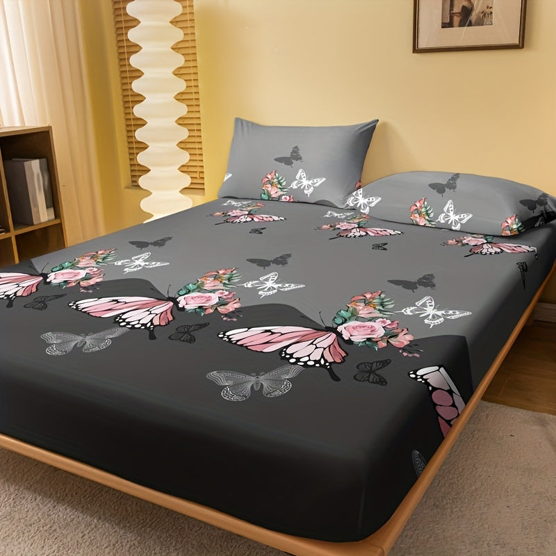 1pc Brushed Fitted Sheet, Soft Comfortable Rose Butterfly Bedding Fitted Sheet, For Bedroom, Guest Room, With Deep Pocket, Fitted Bed Sheet Only