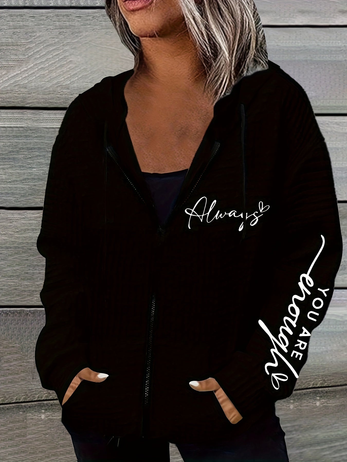 Women's Elegant Letter Print Hoodie - Long Sleeve Kangaroo Pocket Pullover, Soft White Fleece-Lined Winter Sweatshirt, Machine Washable Casual Top for Autumn & Winter, Sweater Hoodie