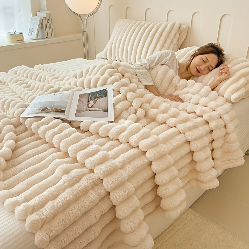 Champagne Plush Double-Layer Throw Blanket, Soft & Warm Knitted Bed Cover, Contemporary Style, All-Season Use, Machine Washable, 250-300g Polyester, Ideal for Couch, Bed, Office, Travel, and Siesta - Perfect Christmas Gift