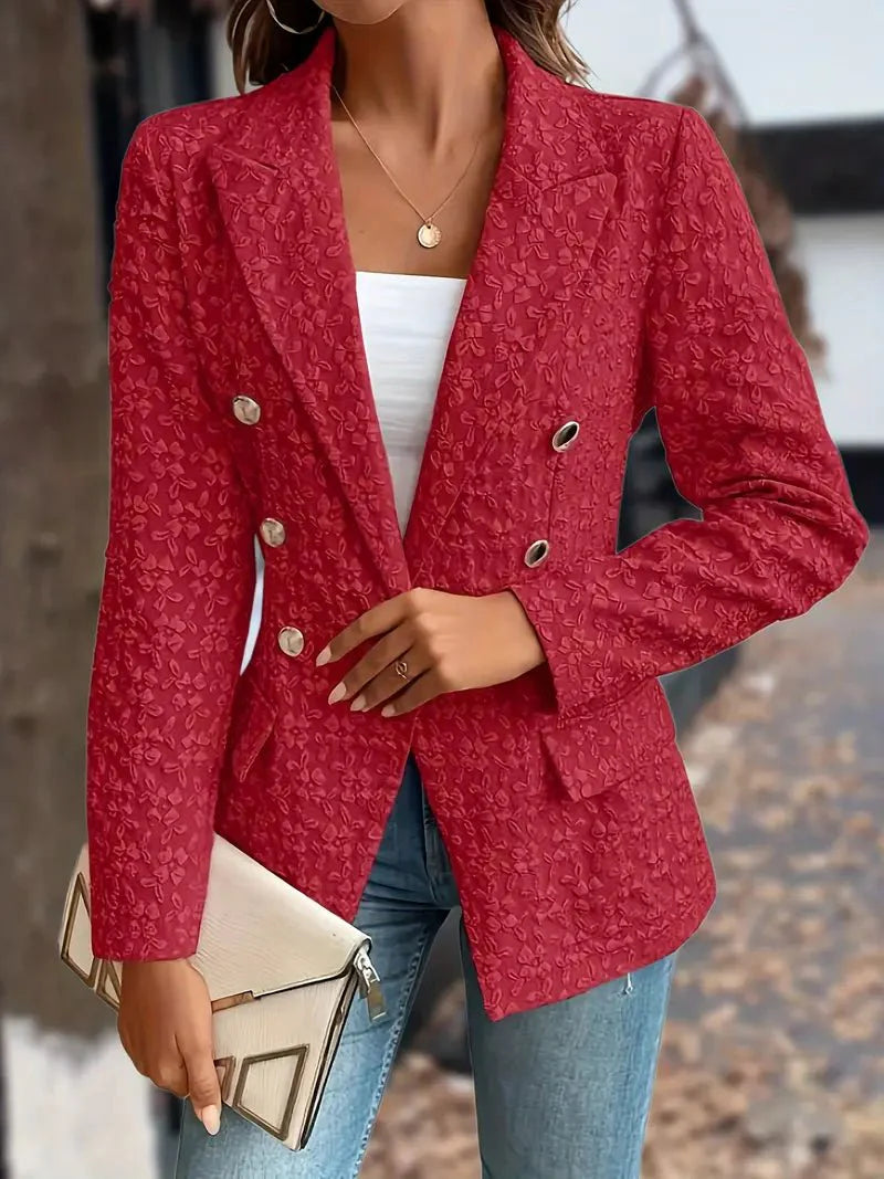 Women’S Blazer - Double Breasted Tailored Fit - Embroidered Floral Detail - Notched Lapel