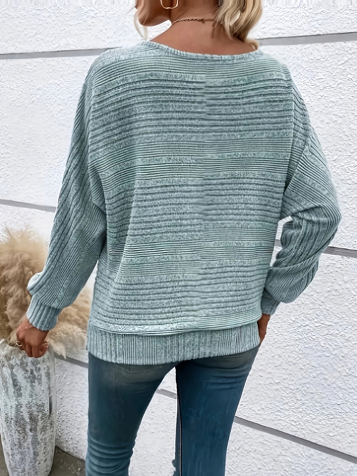 Women's Casual Ribbed Batwing Sleeve Pullover - High Elasticity Loose Fit Round Neck Sweater, Solid Color Autumn Winter Fashion Top, Hand Wash Only, Sweater