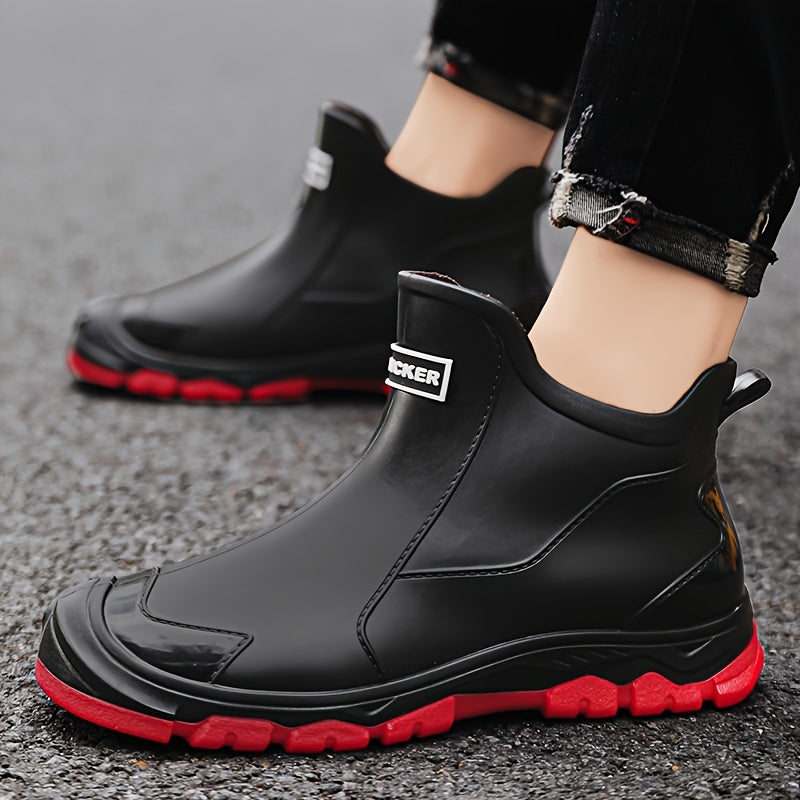 Women's Lightweight EVA Slip-On Rain Boots - High Quality Chef-Style Ankle Boots with Red Sole Accents for Kitchen, Fishing, Car Washing & Outdoor Work (Black), Ladies Low Heel Boots, Textured Grip Footwear