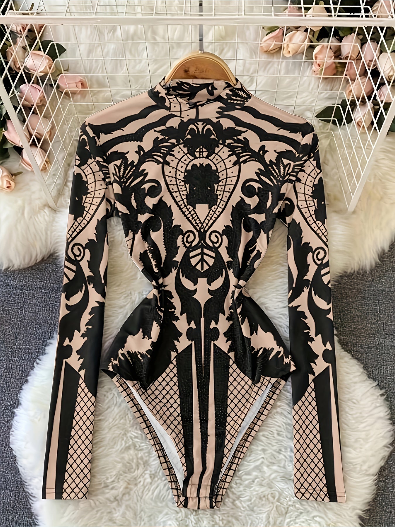 Women's Retro Geometric Print High Neck Long Sleeve Bodysuit - Stretchy Fitted All-Season Machine Washable Black & Beige Patterned Jumpsuit for Casual & Formal Wear, Formal Attire, Unique Fashion, Sophisticated Texture