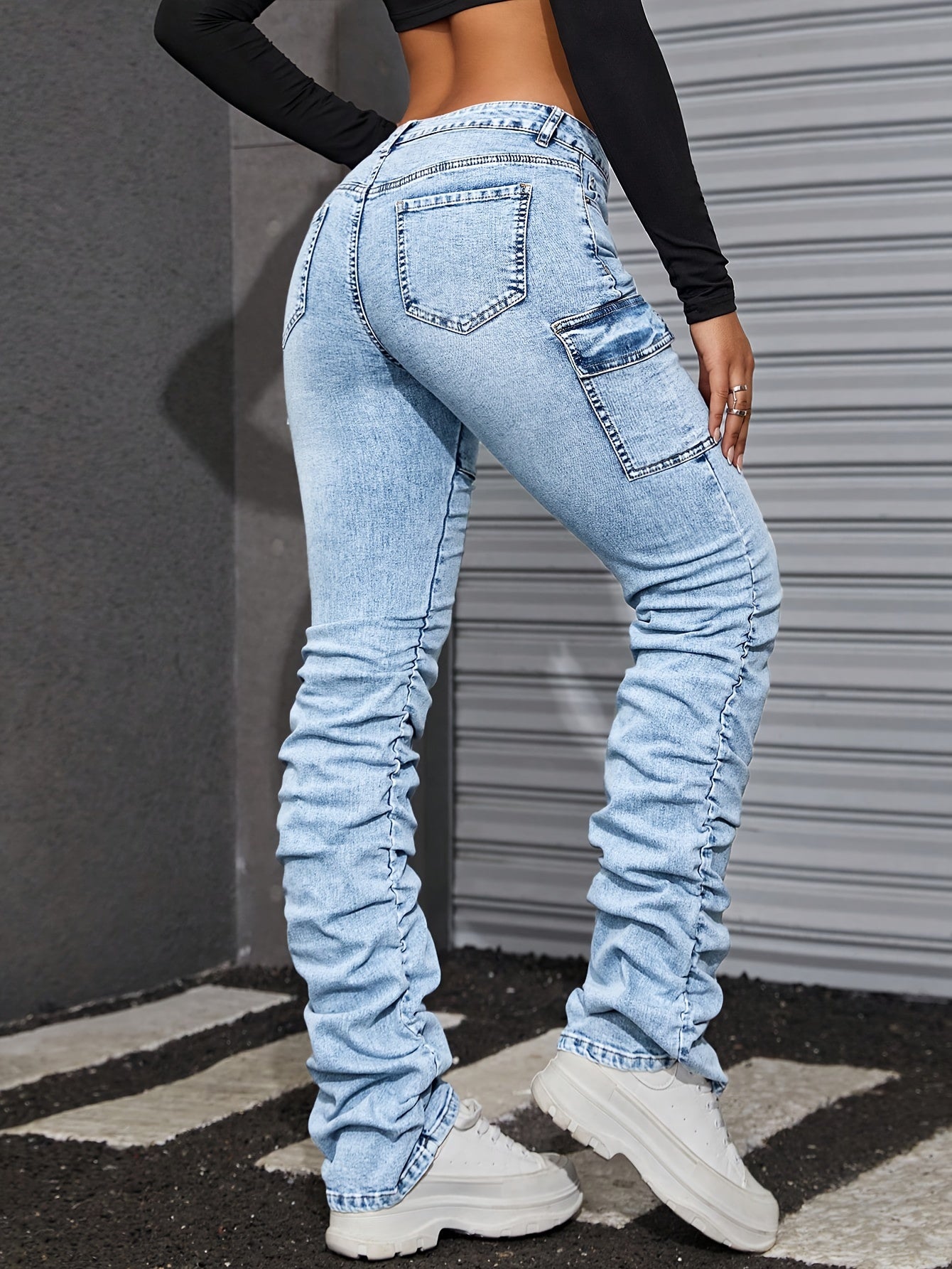Women'S High-Waisted Stretch Denim Jeans - Light Blue, Casual Style with Pockets, Comfortable Fit for Spring/Summer/Fall, High Waisted Jeans