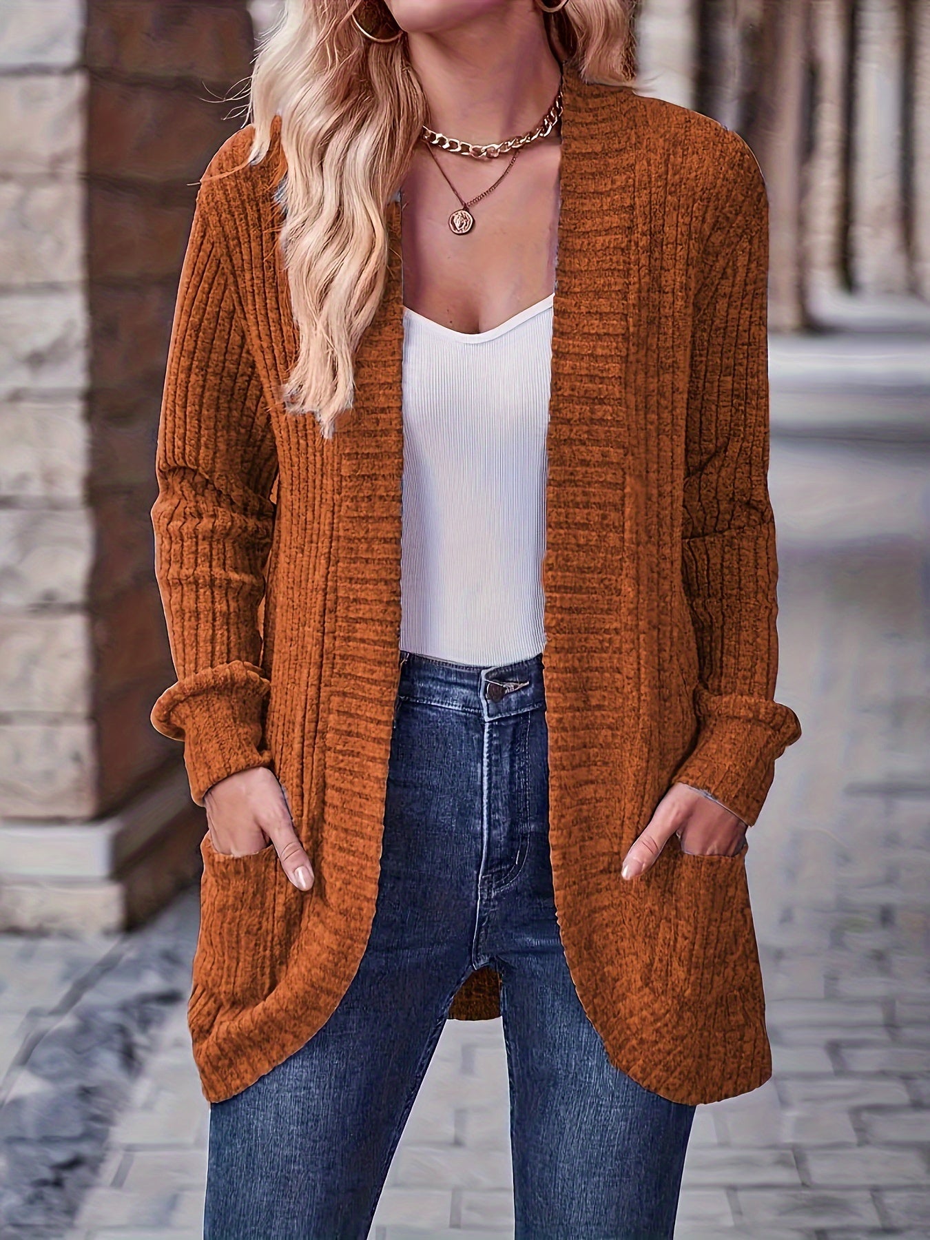 Elegant Directional Style + Fashionable Loose Casual Solid Color Ribbed Pocket Patchwork Long Sleeve Top