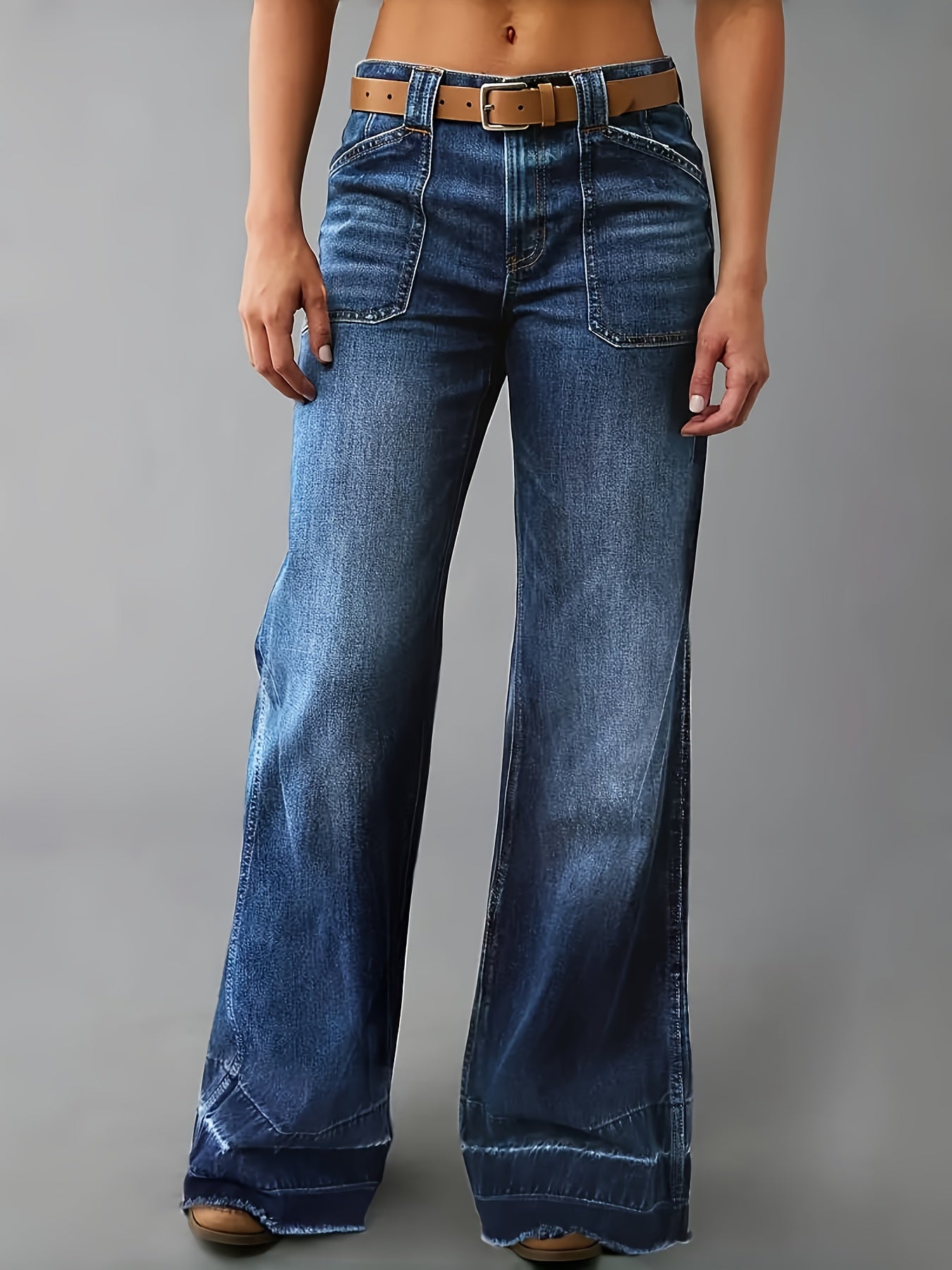 Women'S Fashionable Wide-Leg Jeans with Diamond Patch Pockets - Casual Blue Denim, Mid Waist, Boot Cut, All-Season Wear, Casual Attire Jeans|Bootcut Jeans|Polyester Fabric