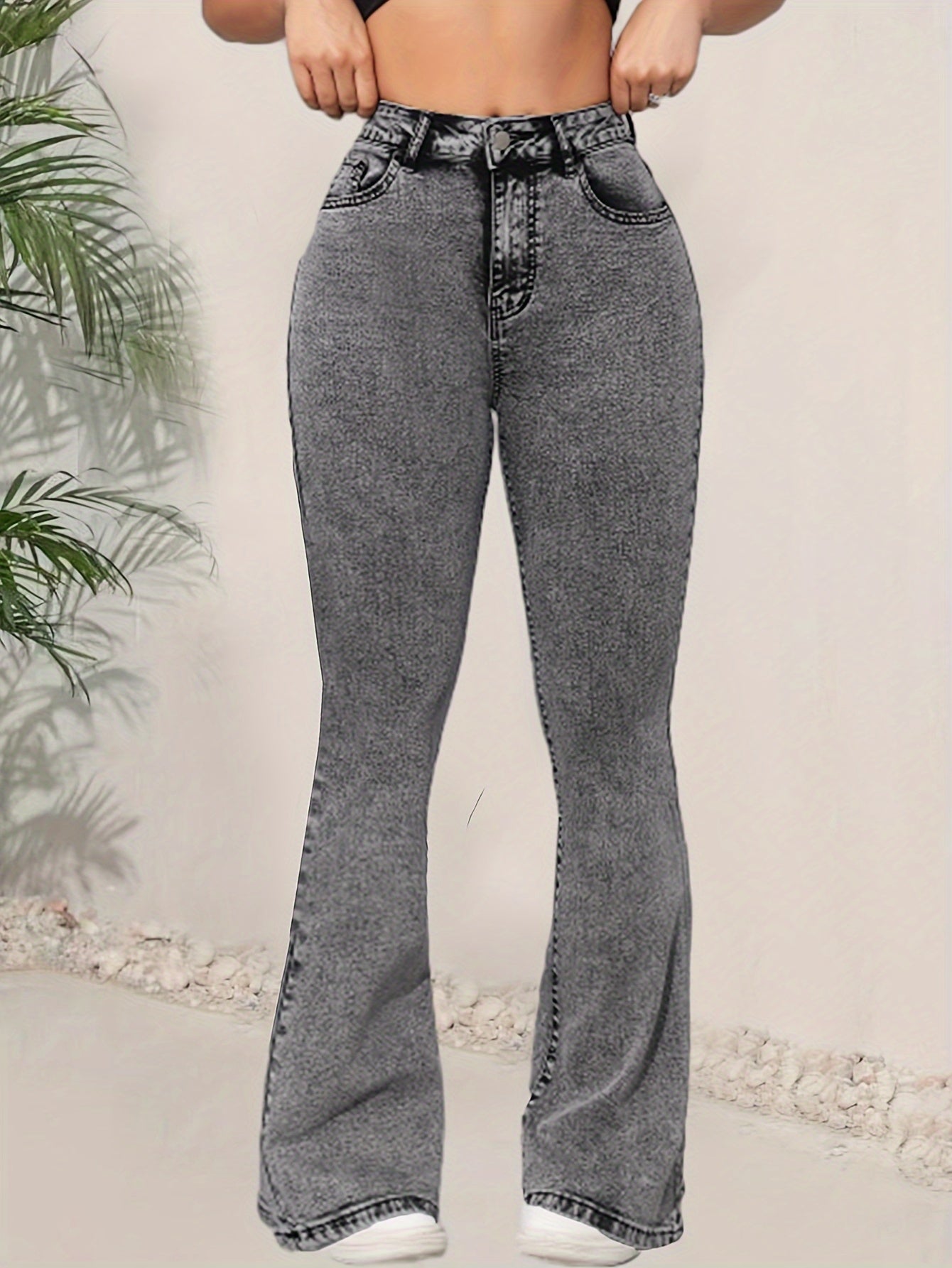 Plain Washed Grey Flare Leg Denim Pants, High Rise Versatile Bell Bottom Denim Pants, Women's Denim Jeans & Clothing