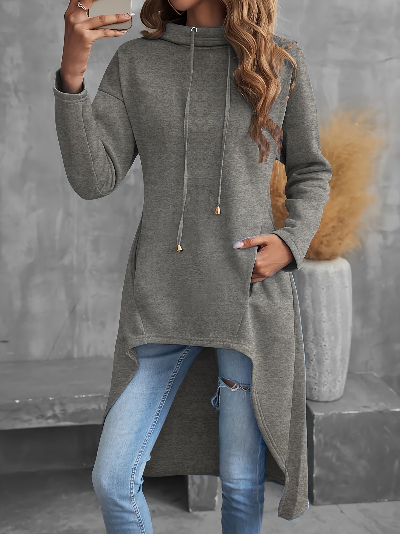 Solid Color Hig-low Hoodie, Casual Long Sleeve Drawstring Hoodie Sweatshirt, Women's Clothing