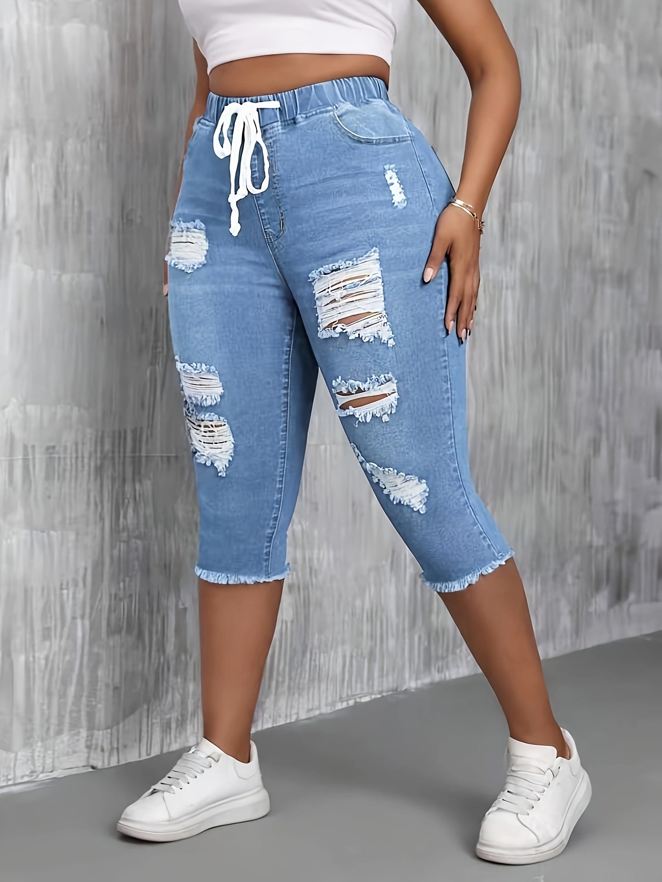 Women's Stretchy Elastic Waist Ripped Denim Pants With Drawstring, Raw Hem Distressed Plain Washed Capri Jeans