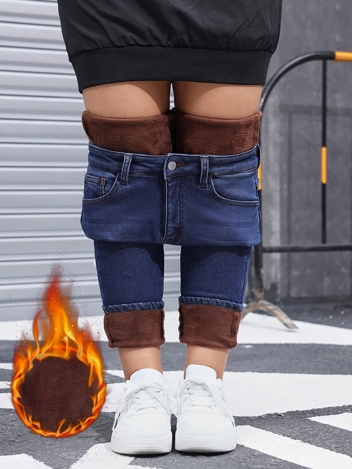 Women's High-Waisted Stretch Skinny Jeans with Fleece Lining - Winter Warmth, Slim-Fit Tummy Control, Blue Denim & Brown Belt Accent, Machine Washable for Casual & Semi-Formal Outfits (Fall/Winter)