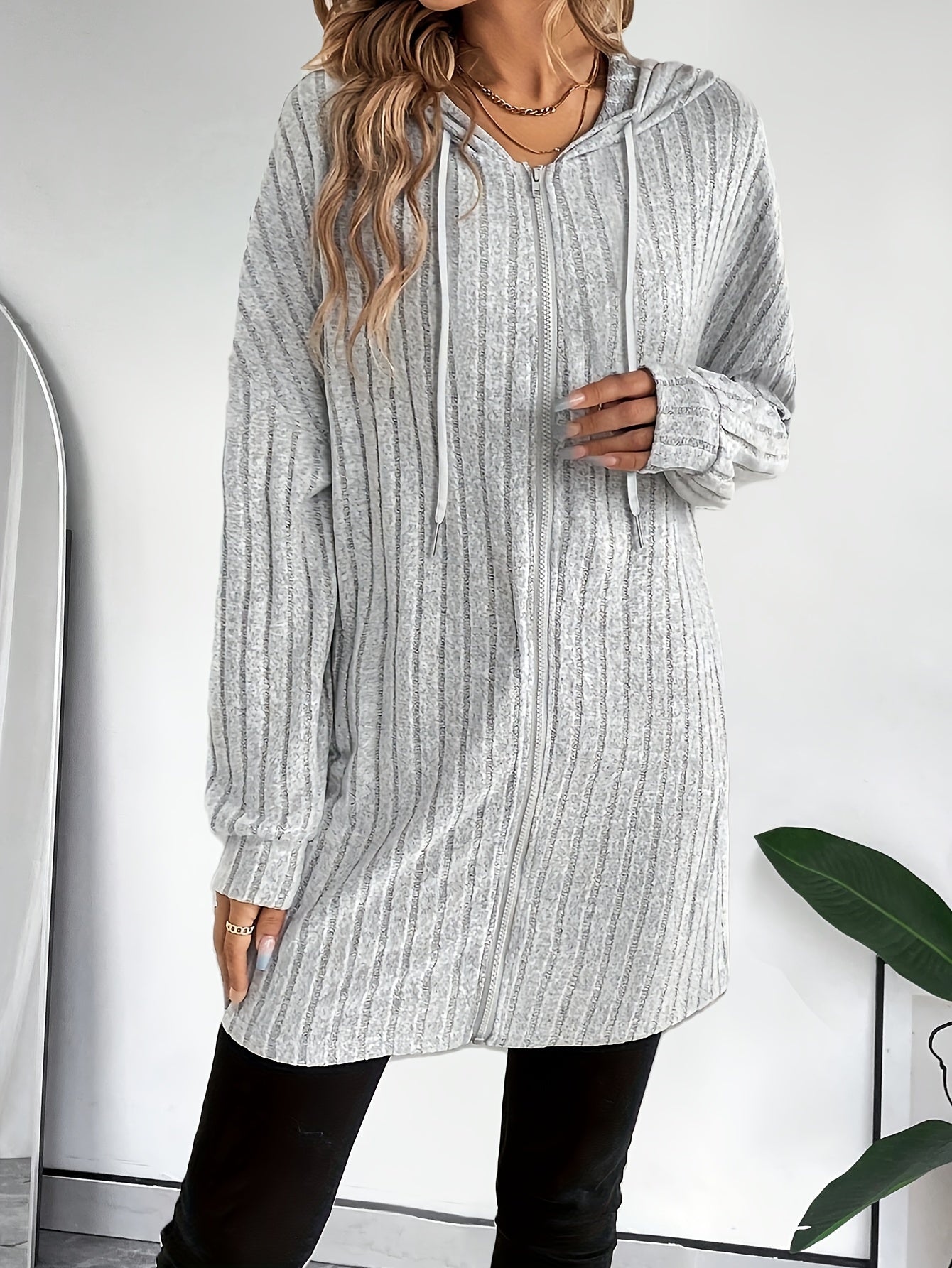 Zip-up Drawstring Hoodie Ribbed Top, Casual Long Sleeve Cardigan For Spring & Fall, Women's Clothing