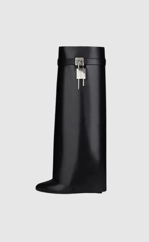 Modern Wedge Boots Black Vegan Leather With Lock Detail - Product showcase
