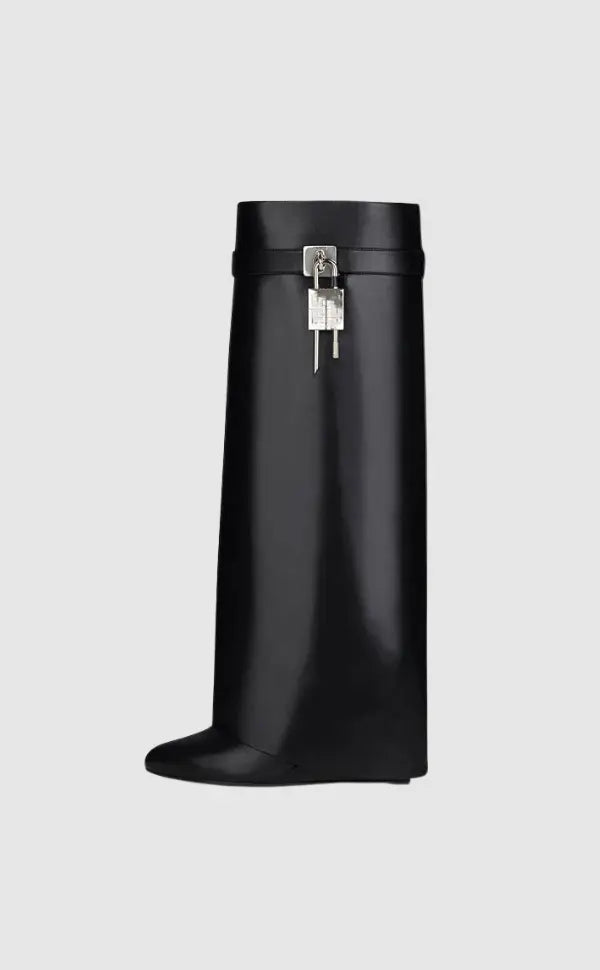 Modern Wedge Boots Black Vegan Leather With Lock Detail - Product example