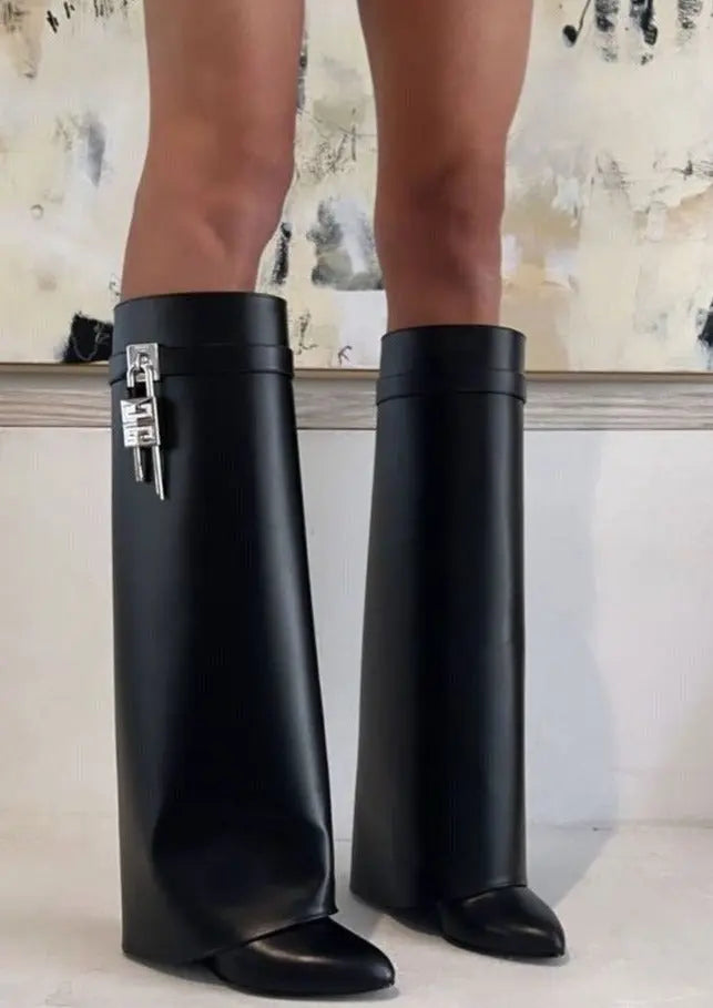 Modern Wedge Boots Black Vegan Leather With Lock Detail - Product detail 8