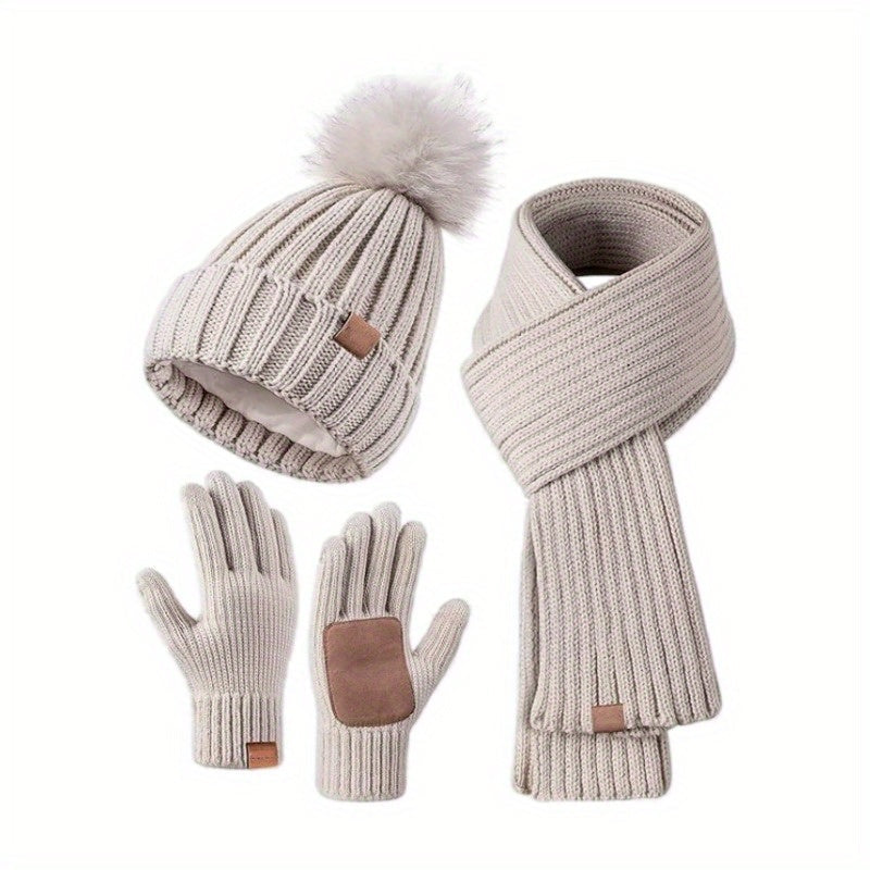 Winter Knit Hat Scarf Gloves Set Touchscreen Compatible 3-Piece - Product showcase