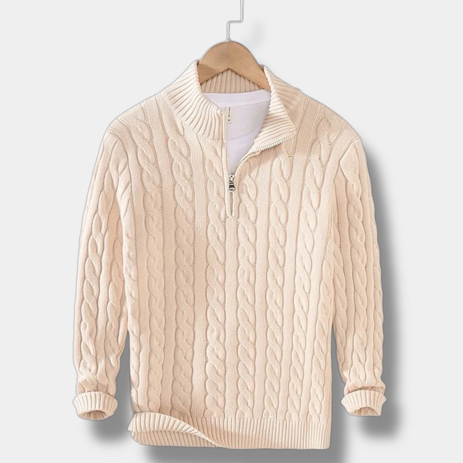 Edward Jacquard-trøje med halv lynlås og høj hals til mænd – tidløs stil i gammeldags beige