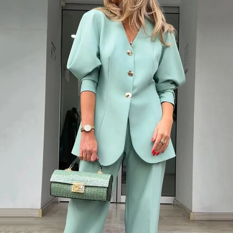 Women’S Blazer and Trouser Set – Structured Fit – Lantern Sleeve – Straight Leg Formal Wear