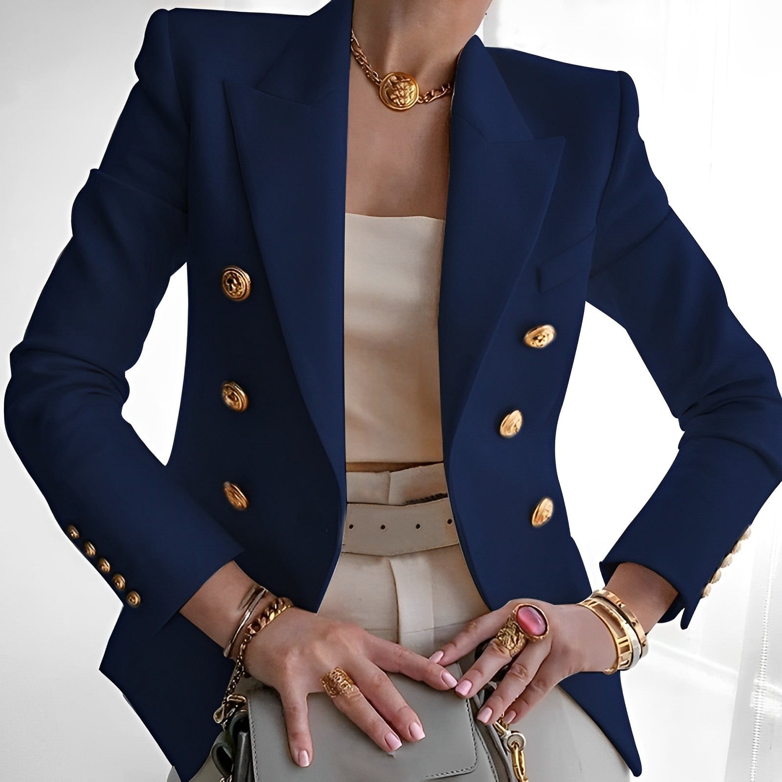 Women’S Blazer – Tailored Fit – Double-Breasted – Gold Buttons – Structured Shoulders