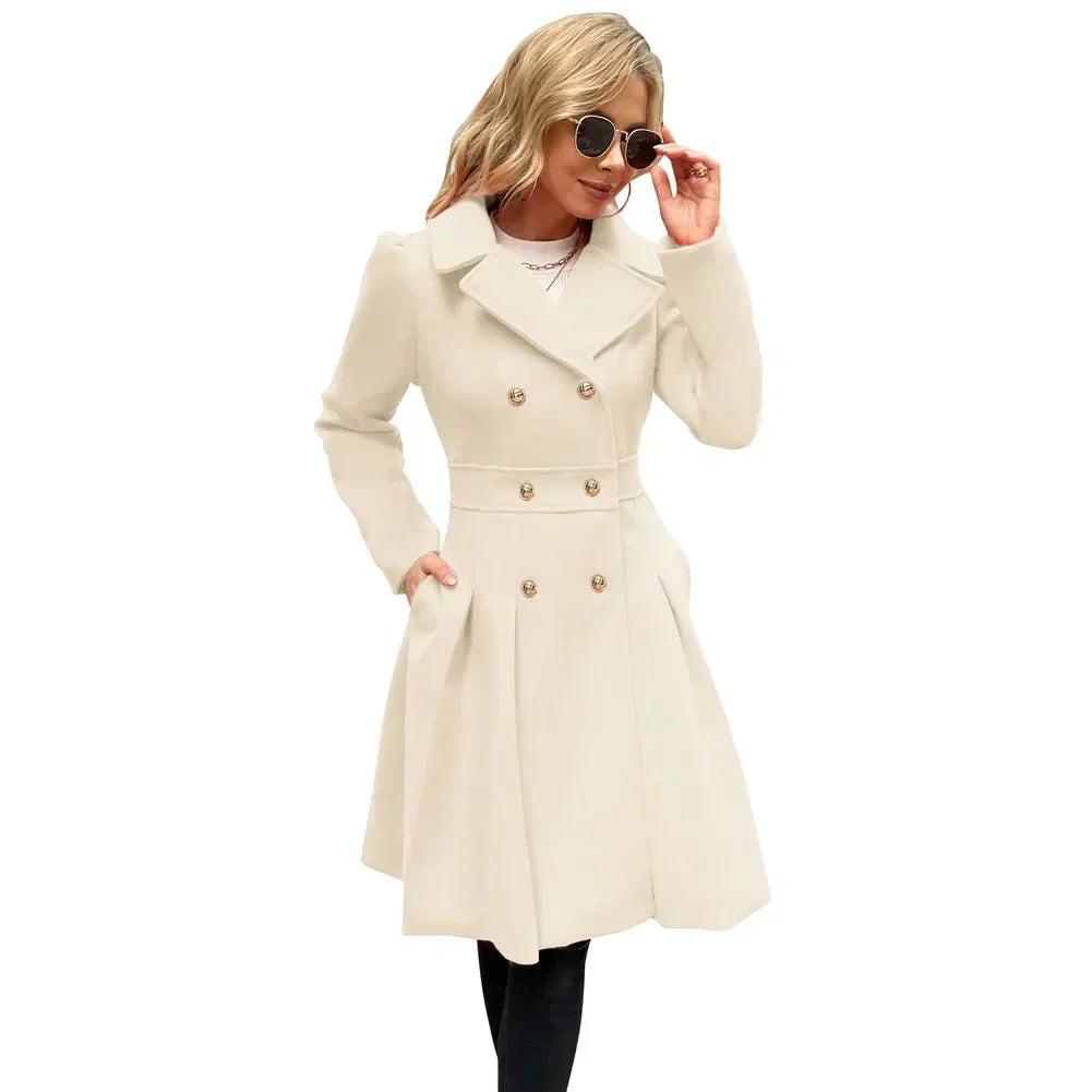 Elegant dobbeltradet lang frakke til kvinder