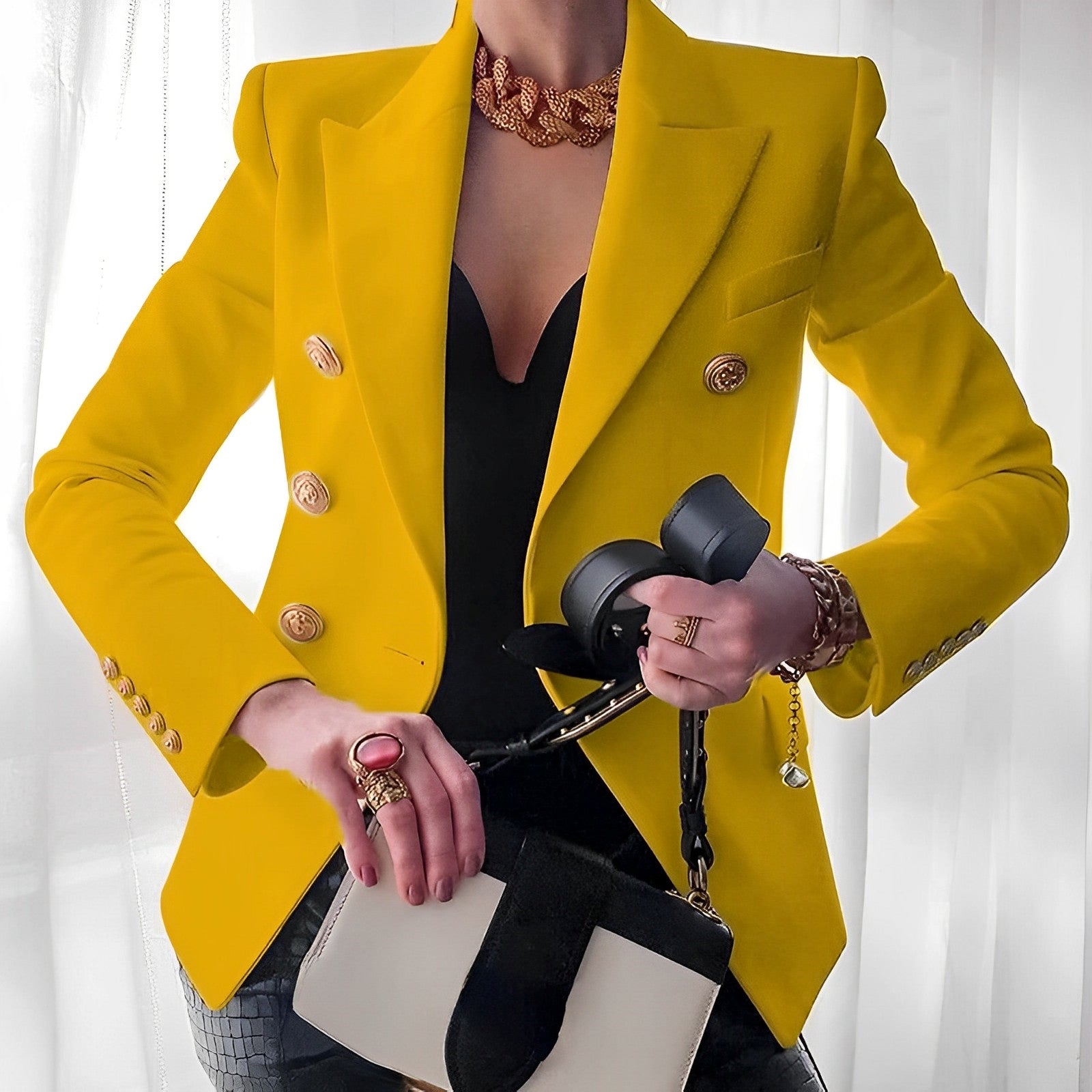 Women’S Blazer – Tailored Fit – Double-Breasted – Gold Buttons – Structured Shoulders