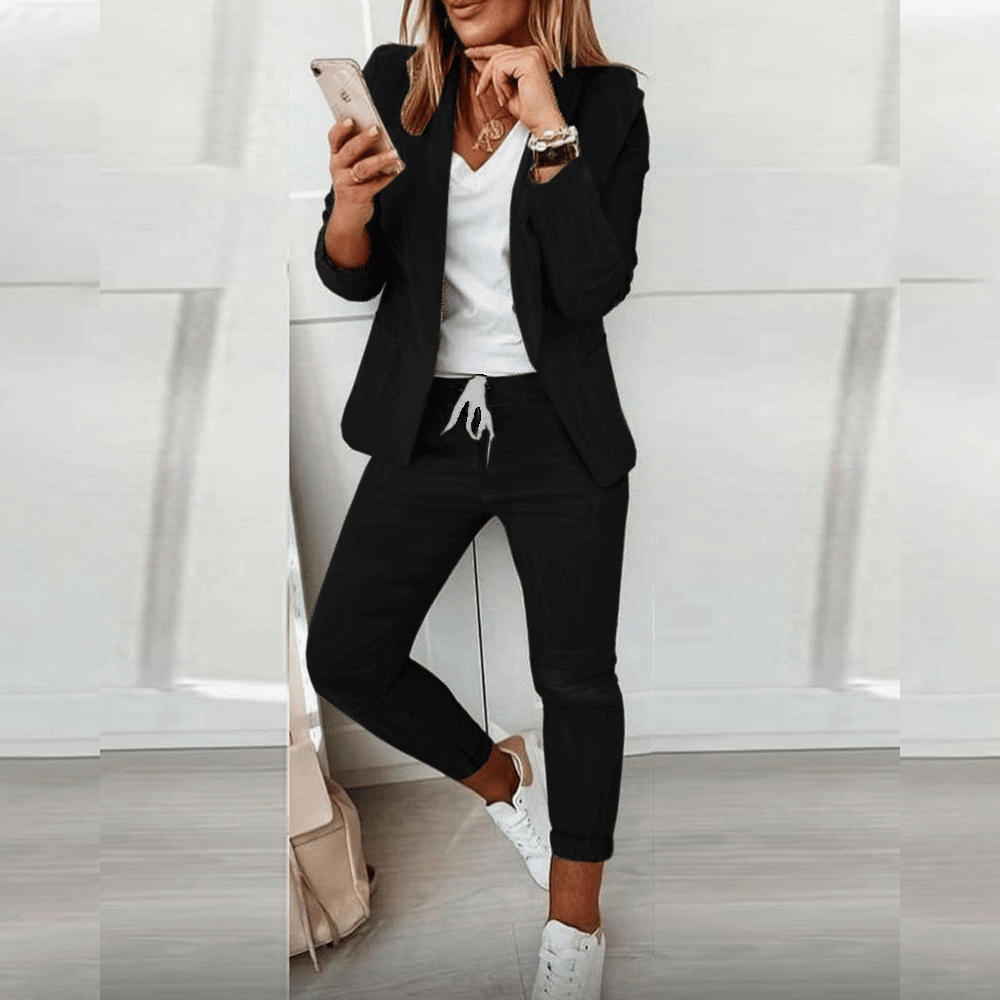 Women’S Blazer Set – Tailored Fit – Notched Lapel – Drawstring Tapered Trousers