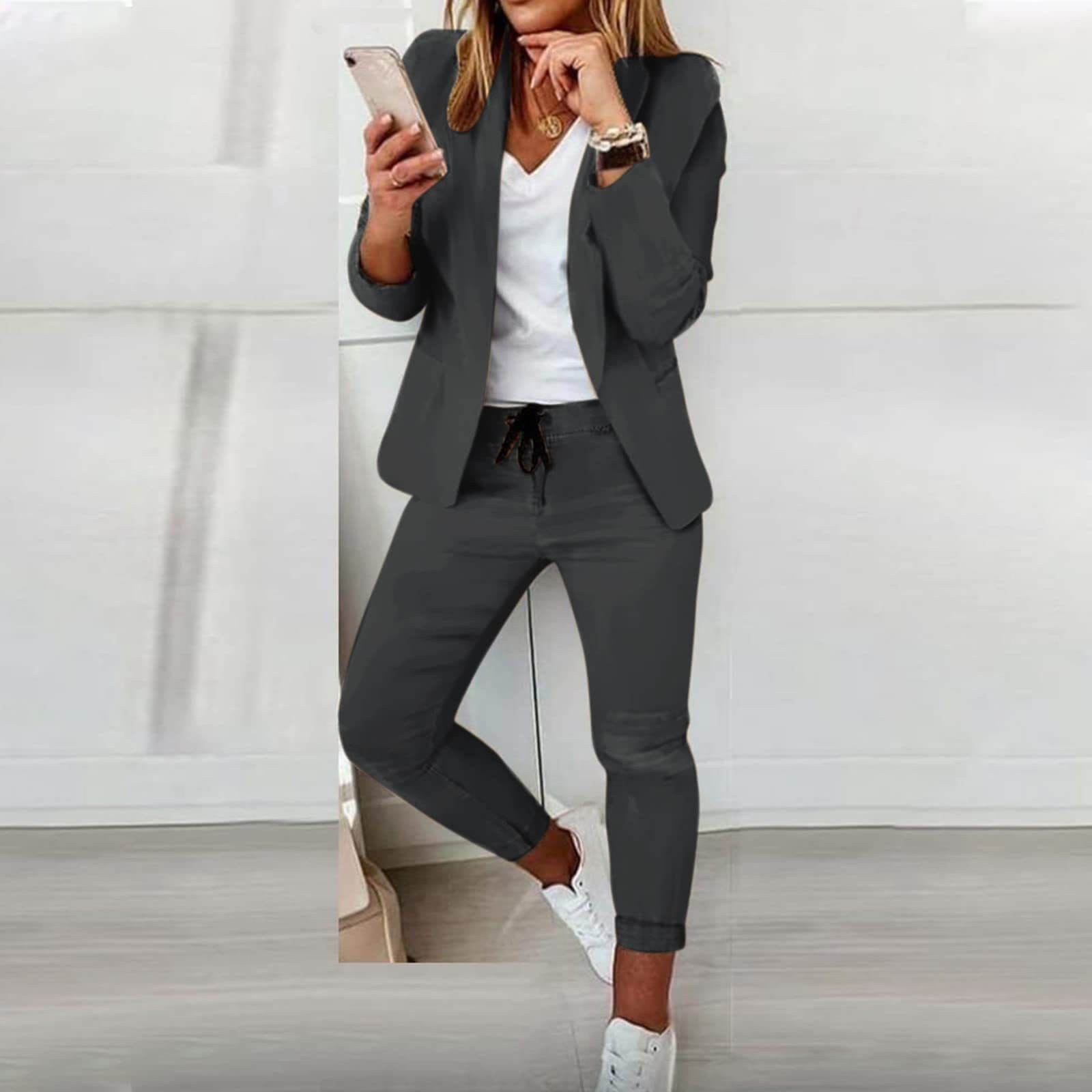 Women’S Blazer Set – Tailored Fit – Notched Lapel – Drawstring Tapered Trousers
