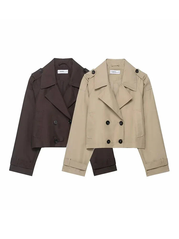 Womens Cropped Trench Coat Double Breasted Classic Design - Product showcase