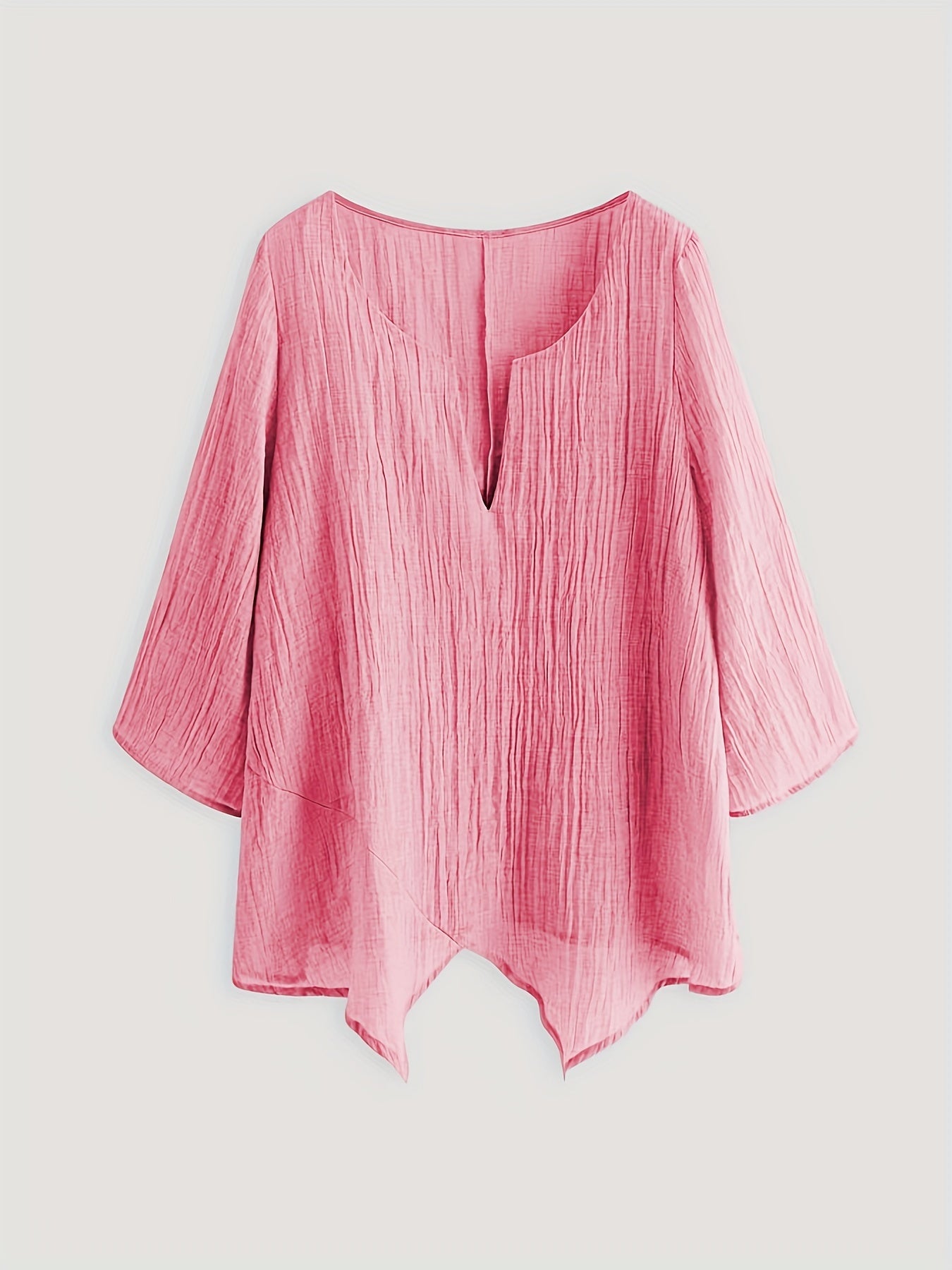 Plus Size Women's V-Neck Sleeve Blouse - Lightweight Semi-Sheer Casual Top with Asymmetrical Hem, Machine Washable Solid Color Shirt for Spring & Fall, Relaxed Fit Clothing, Nonelastic Fabric
