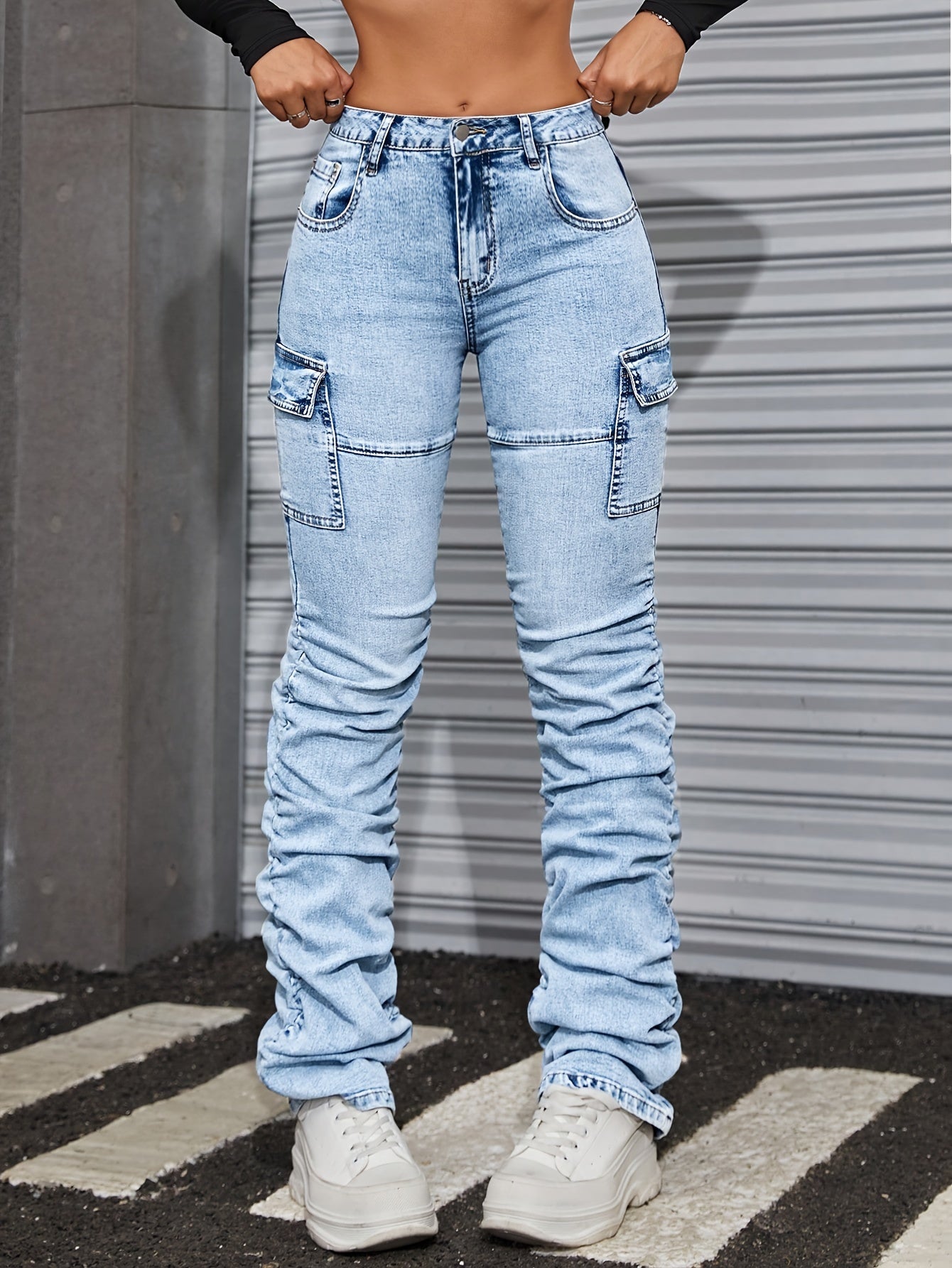 Women'S High-Waisted Stretch Denim Jeans - Light Blue, Casual Style with Pockets, Comfortable Fit for Spring/Summer/Fall, High Waisted Jeans