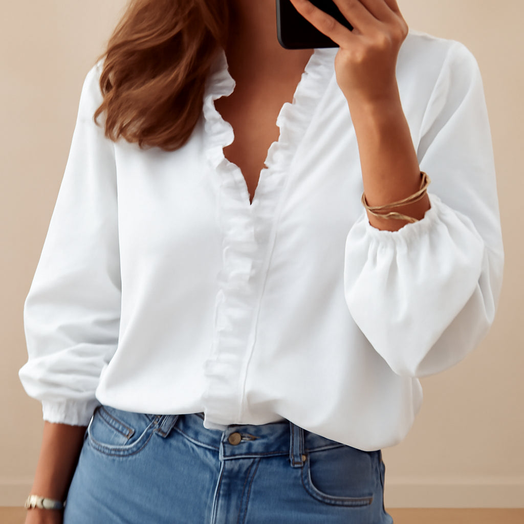 Løs Pasform Bluse med V Hals Flæsekant Ensfarvet Forår