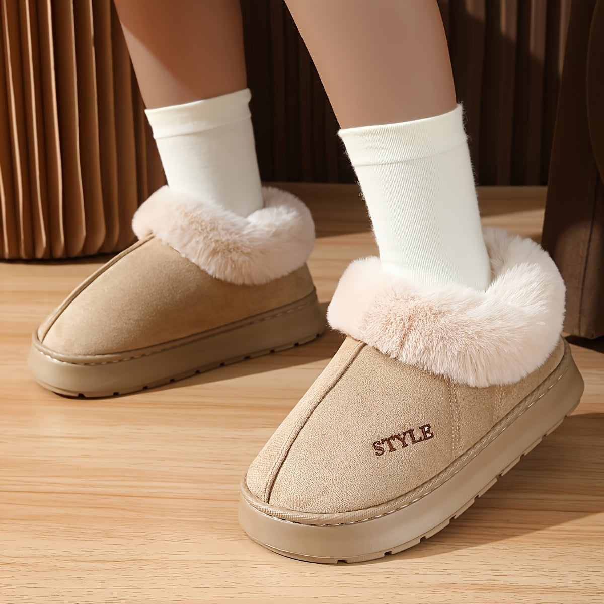 Women'S Cozy Fleece Lined Winter Shoes - Warm Fuzzy Indoor/Outdoor Flats with Thick Sole, Heightening & Non-Slip Design, Grey Beige Black Brown, Slip-On Closed Toe, All-Season Comfort, Indoor Shoes, Casual Winter Wear, Cozy Fleece Lining, EVA Cushioned S