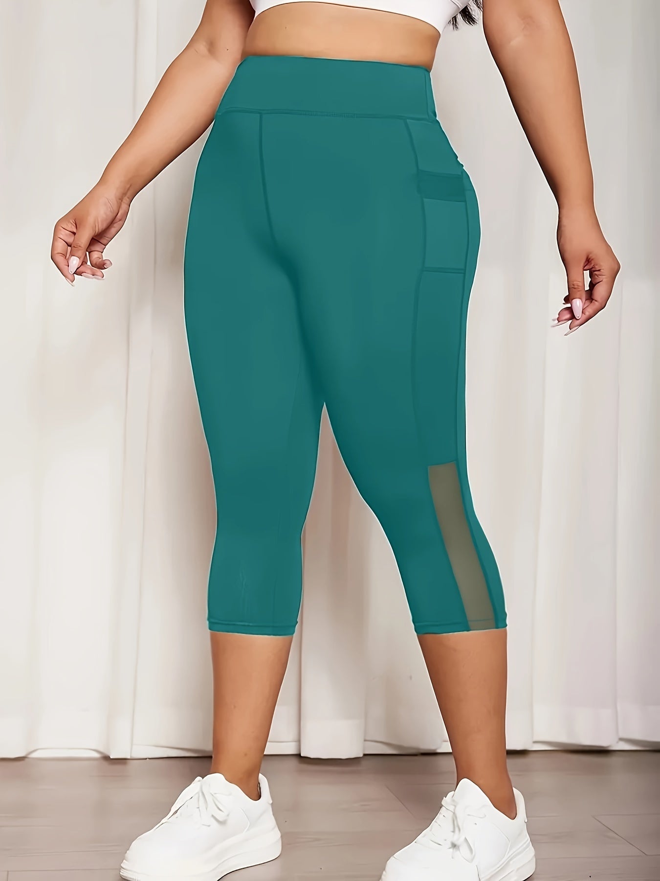 Plus Size Mesh Seven-Split Pants with Pockets, High-Waisted Tummy Control Workout Running Yoga Leggings, Women's Sportswear