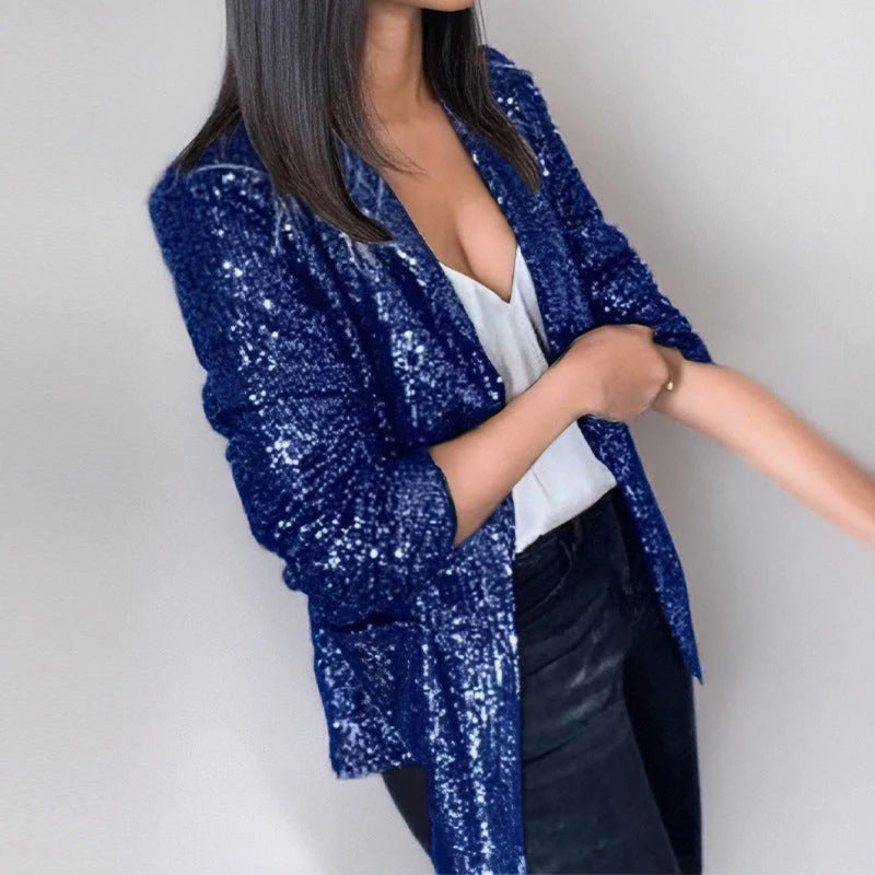 Women’S Blazer – Sequin Embellished – Tailored Fit – Open Front Notch Lapel – Full Sleeve