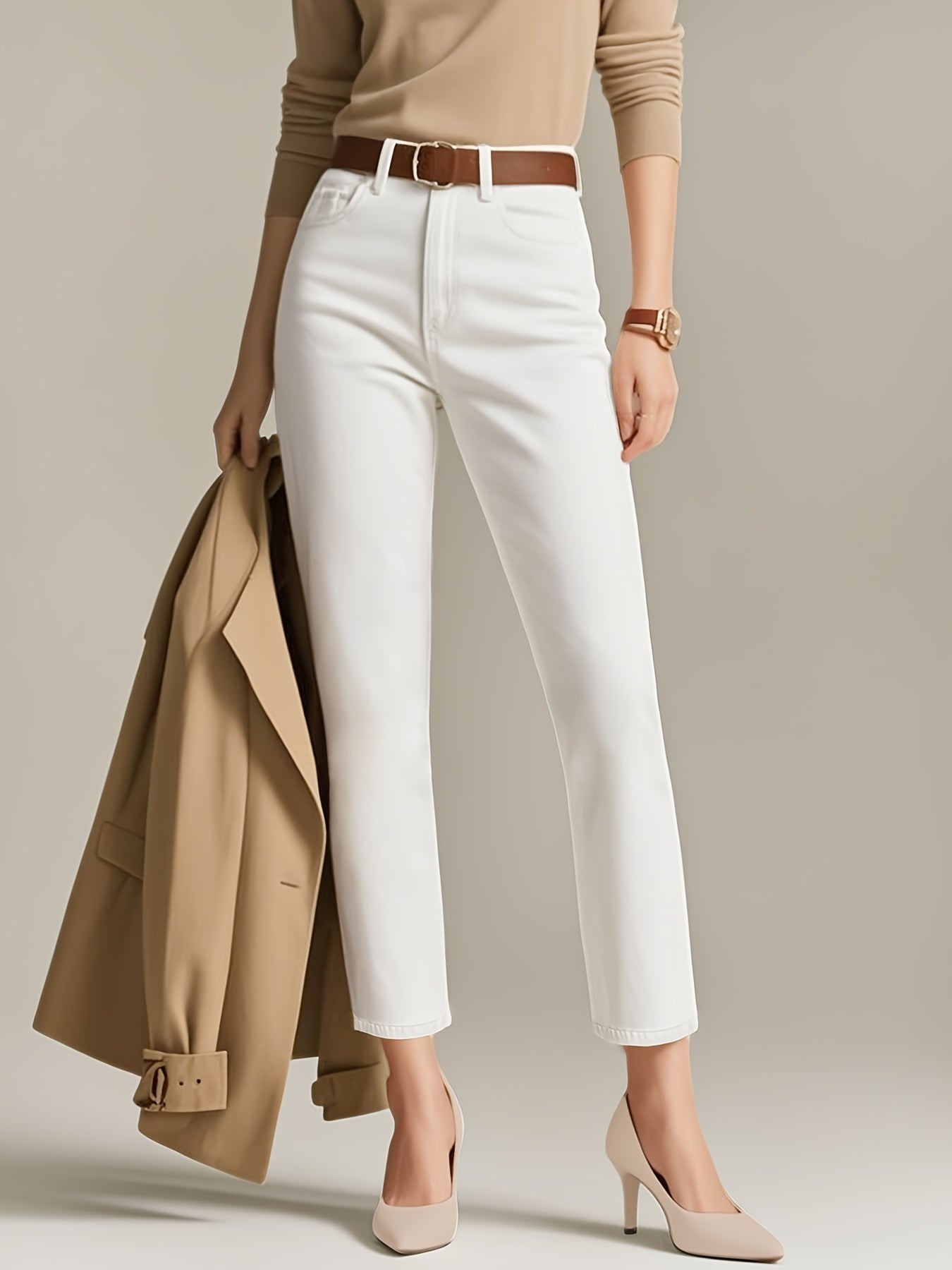 Women's new stretchy straight white capri jeans, classic washed solid color business casual cropped pants, soft and comfort pantalones, elegant Women's clothing, high-waisted tummy-control denim trousers fit for work, travel and office wear.