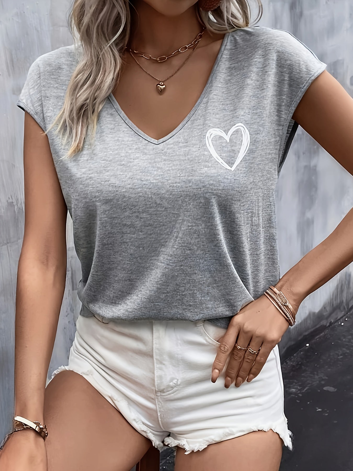 Summer Clothing Heart Print Batwing Sleeve T-Shirt