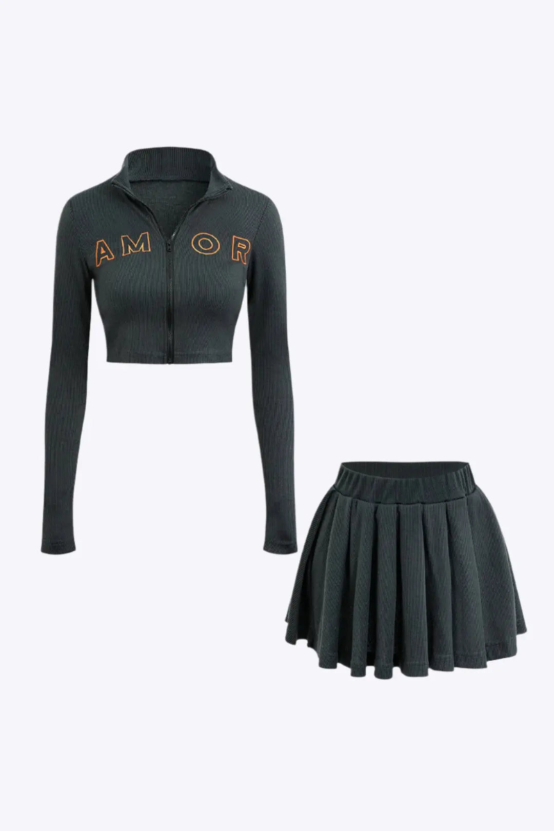 Calypso – Broderet Bogstav Ribstrikket Cardigan & Nederdel Sæt til Kvinder-Sets-Zuruz-Grå-XS-Zuruz