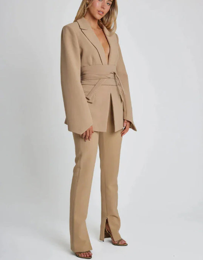 Women’S Blazer – Tailored Fit – Longline Silhouette – Self-Tie Waist – Notched Lapel