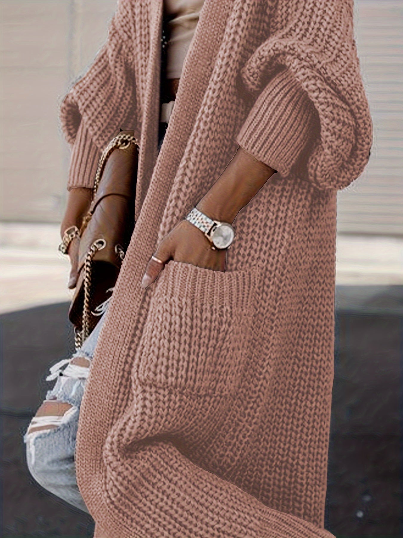 Women's Elegant Deep V-Neck Long Sleeve Cardigan - Solid Color Ribbed Detailing, Medium Stretch Fall Winter Open Front Sweater for Casual & Formal Outfits, Layering Piece, Versatile Fashion, Textured Appearance