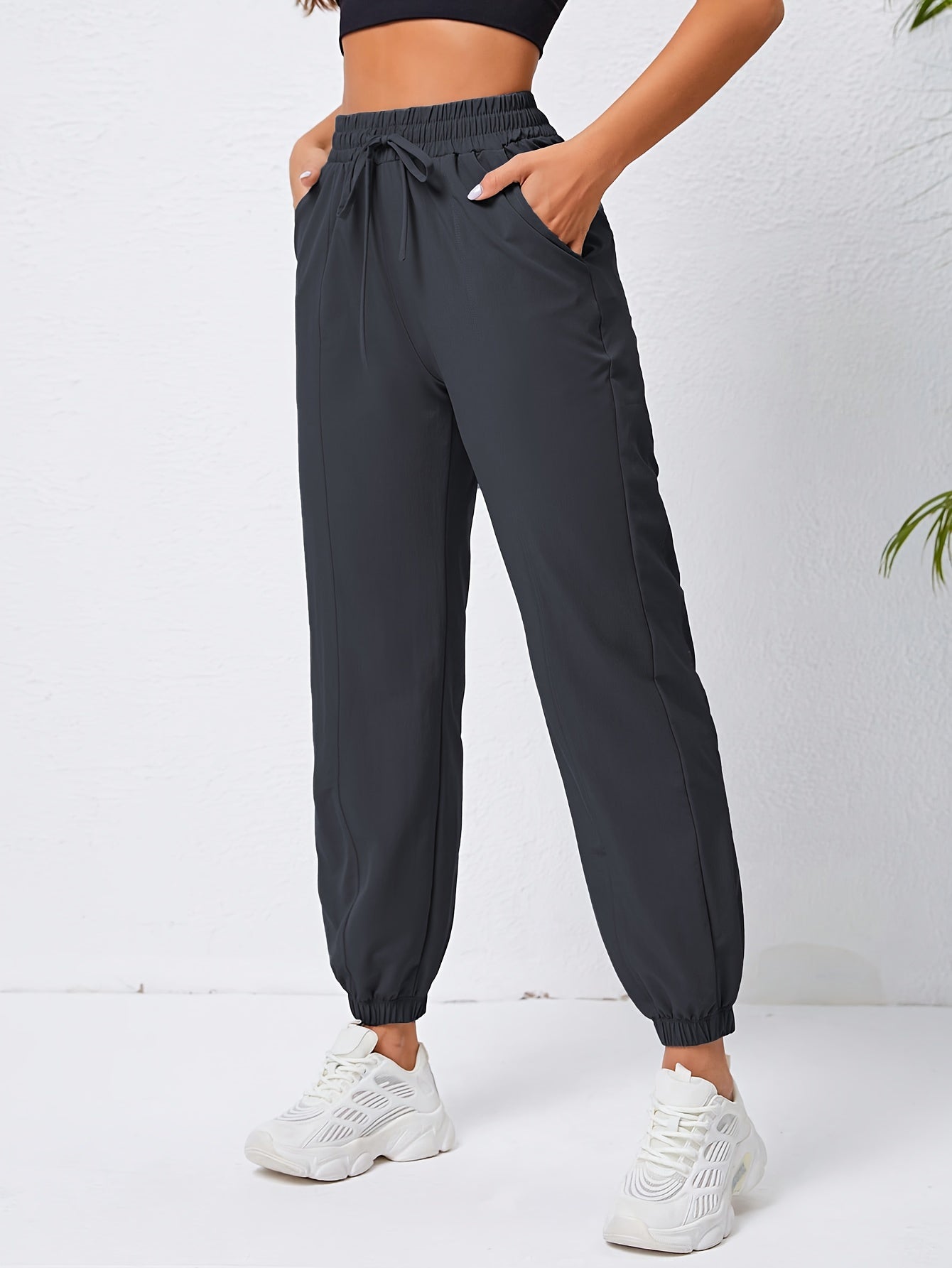 Drawstring Elastic Waist Jogger Pants, Slant Pockets Quick Drying Workout Pants, Women's Activewear