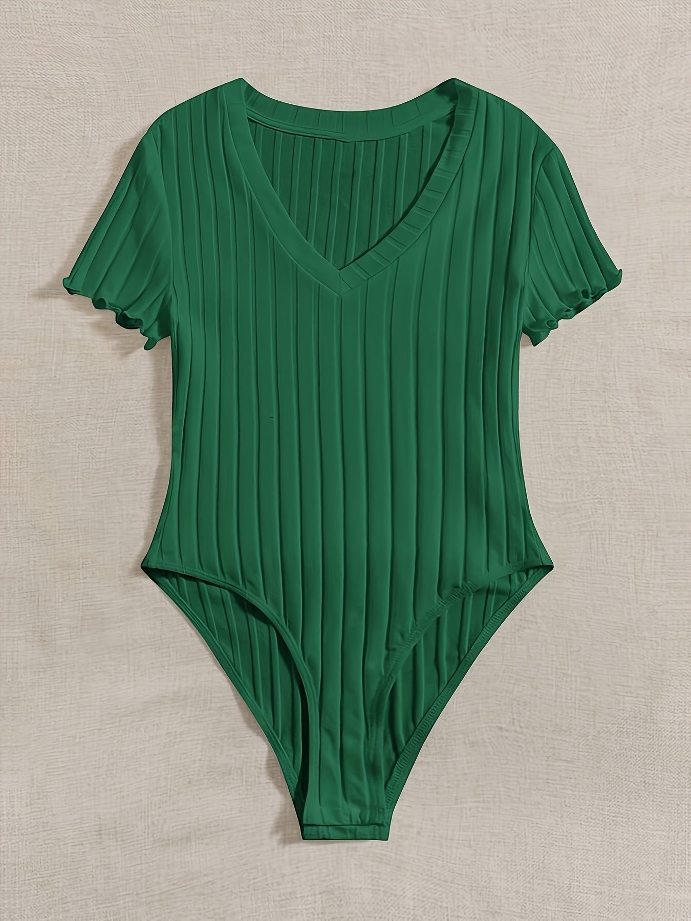 Solid V Neck Rib Knit Bodysuit, Casual Short Sleeve Fabric Bodysuit, Women's Clothing